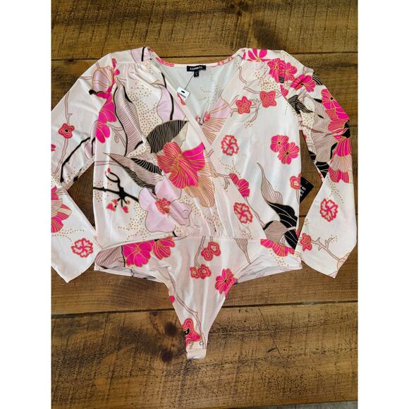 NWT Womens Express Pink Black Floral Long Sleeve Snap Button Bodysuit Size XL - Picture 3 of 8
